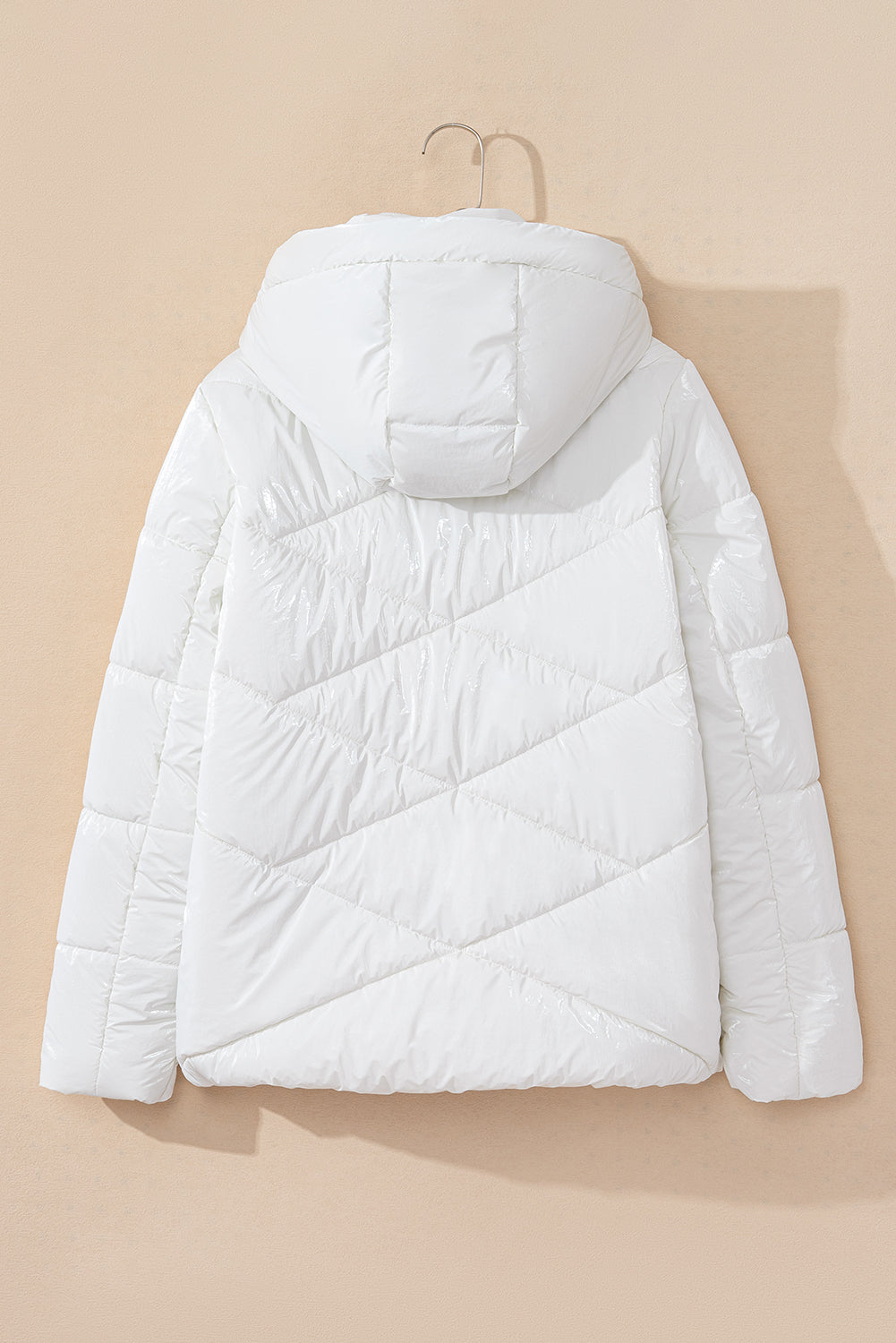 White Solid Quilted Hooded Zip Up Puffer Coat-Bella Boutique Collective