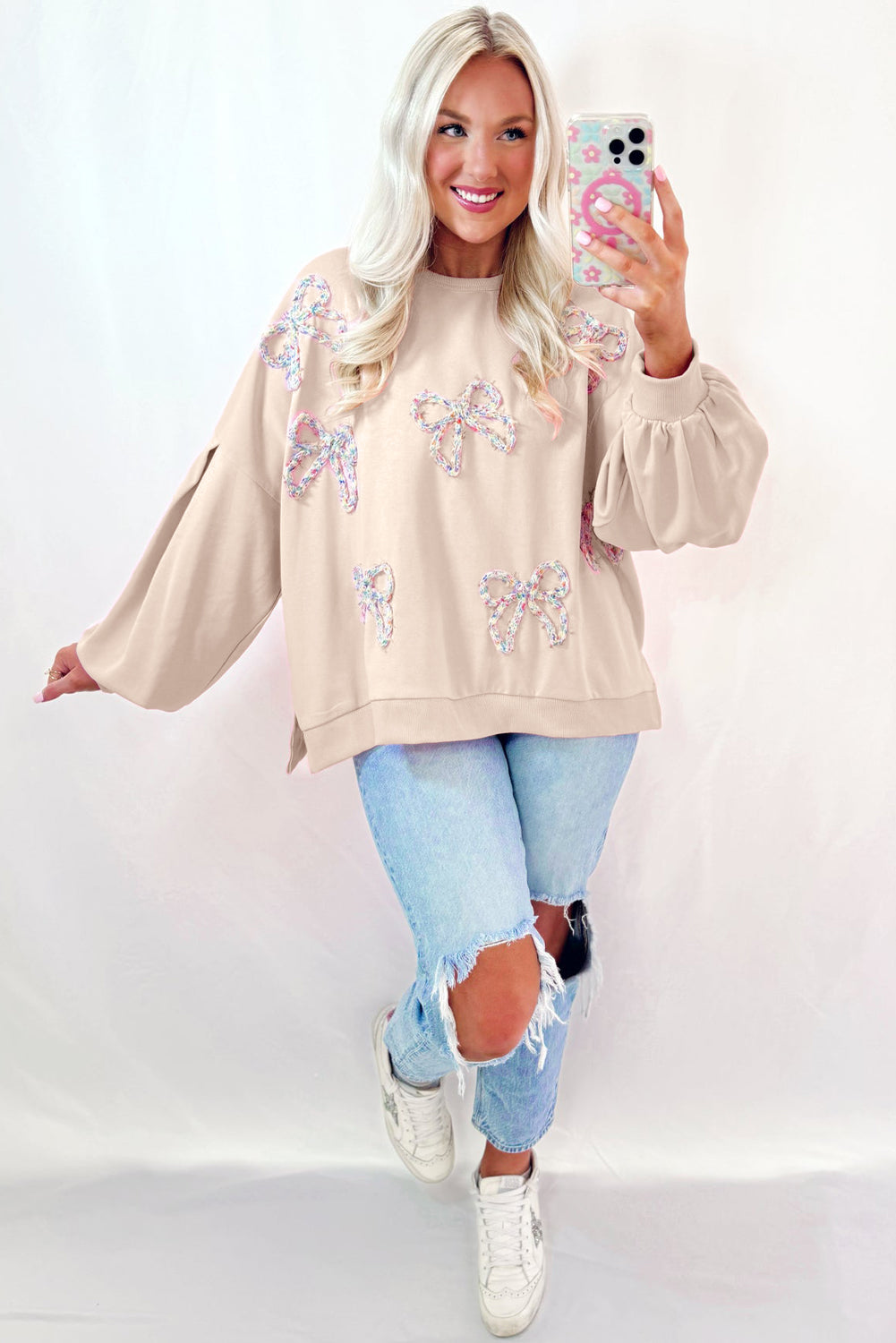 Parchment Embroidered Bow Lantern Sleeve Oversized Pullover Sweatshirt-Bella Boutique Collective