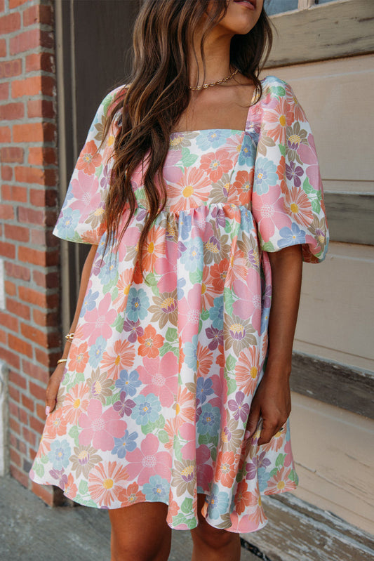 Pink Summer Floral Square Neck Puff Sleeve Babydoll Dress-Bella Boutique Collective