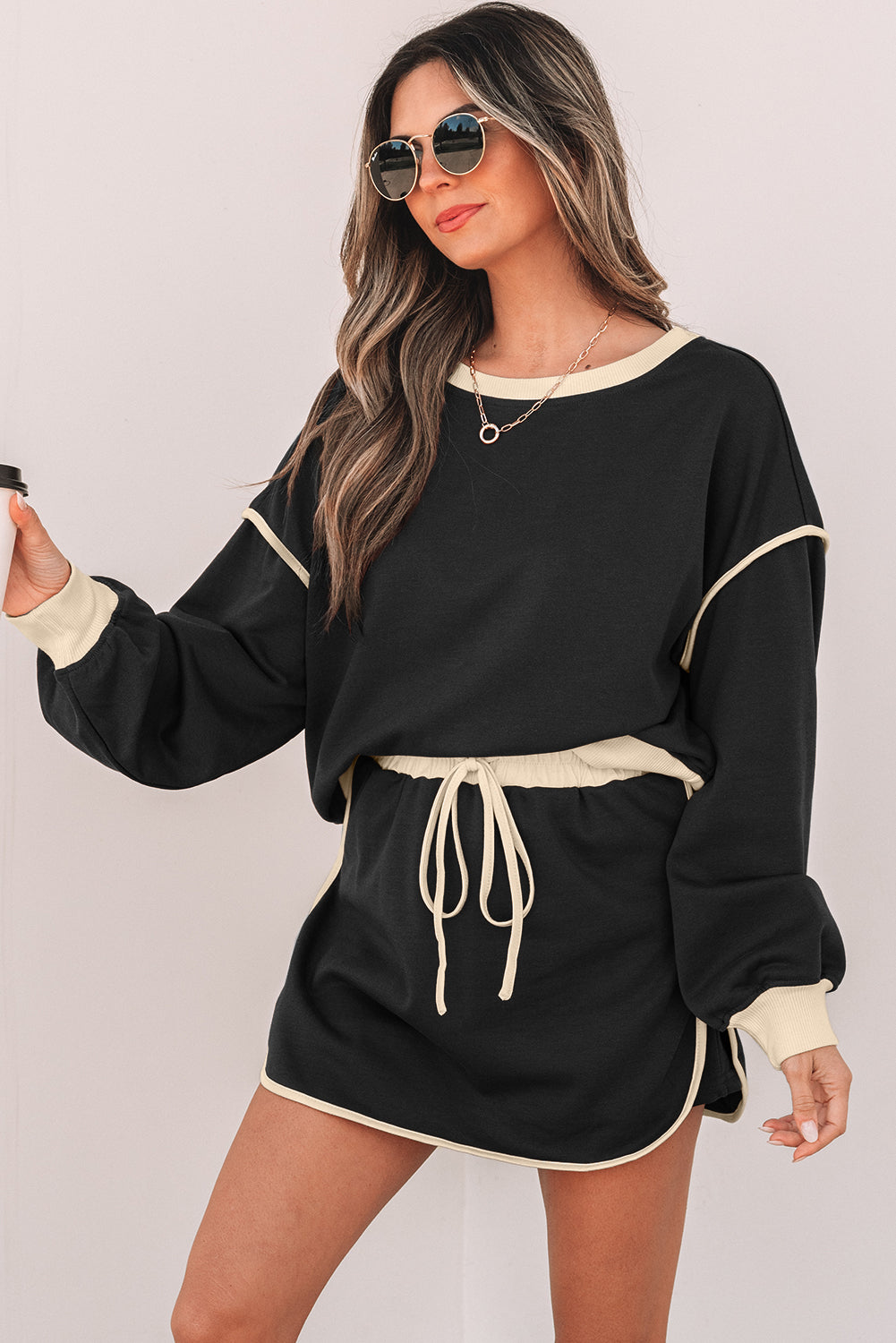 Black Color Contrast Loose Pullover and Lace-up Waist Skort Set-Bella Boutique Collective