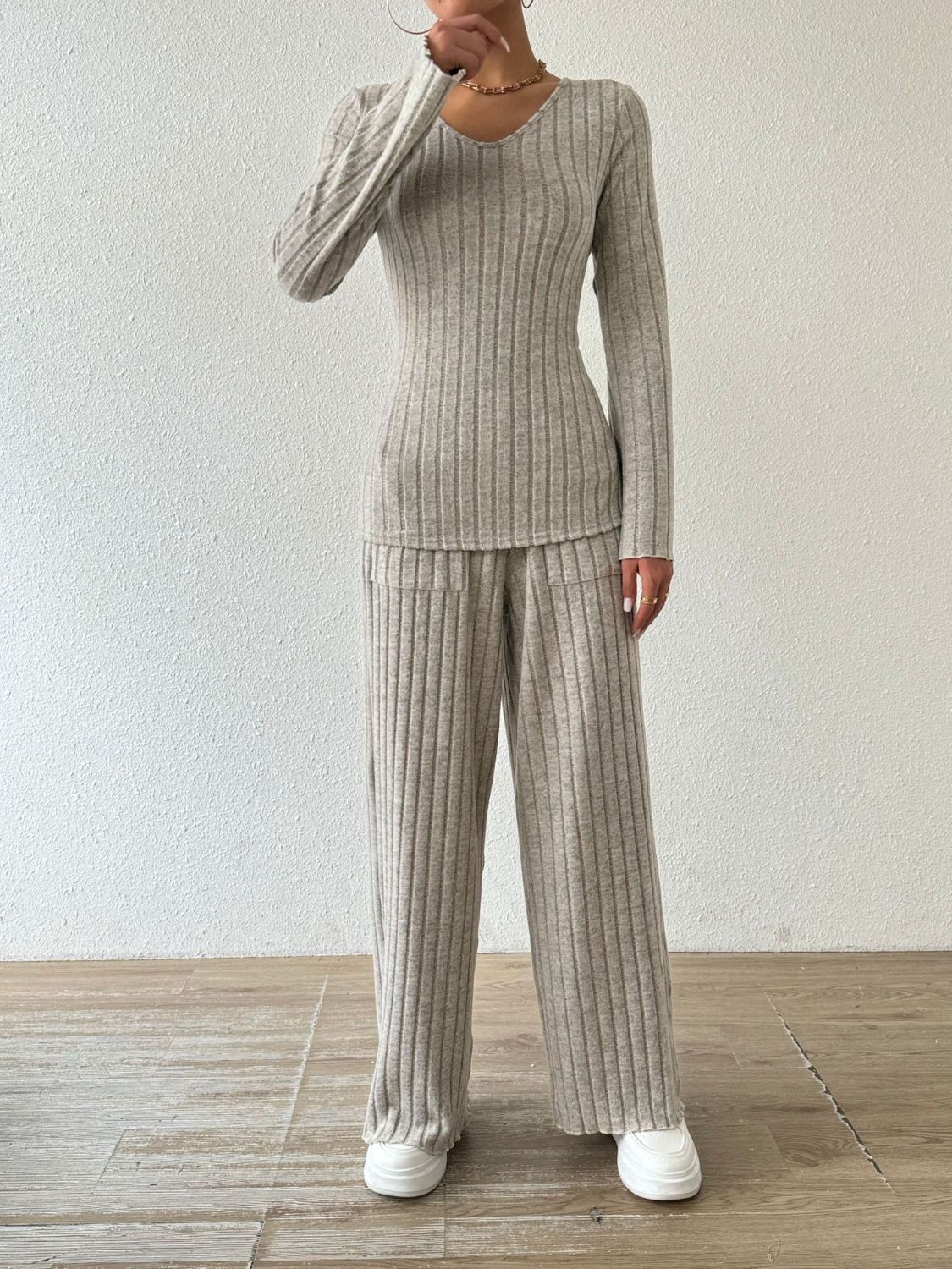 Ribbed V-Neck Long Sleeve Top and Pocketed Pants Set-Bella Boutique Collective