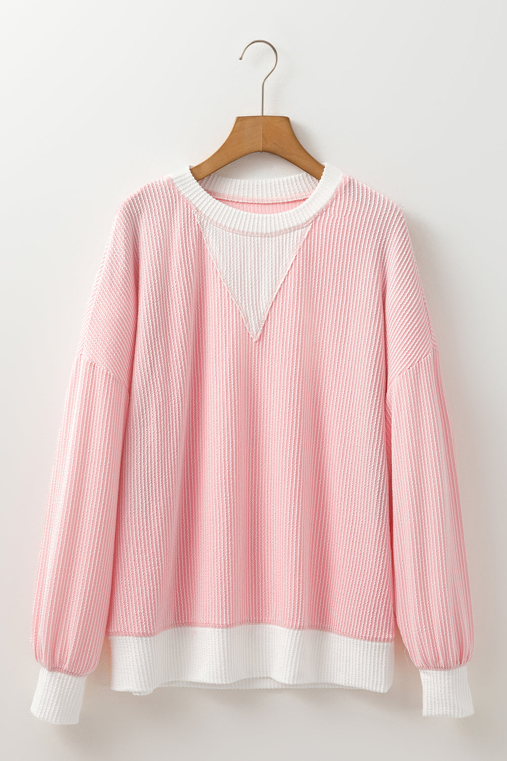Peach Blossom Corded Colorblock Drop Shoulder Loose Top-Bella Boutique Collective
