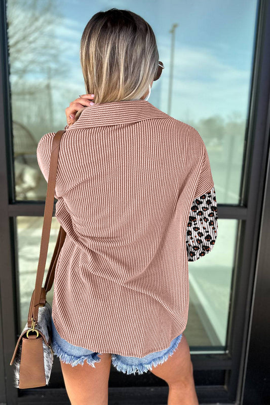 Dark Khaki Leopard Patched Twisted Ribbed Western Casual Shacket-Bella Boutique Collective