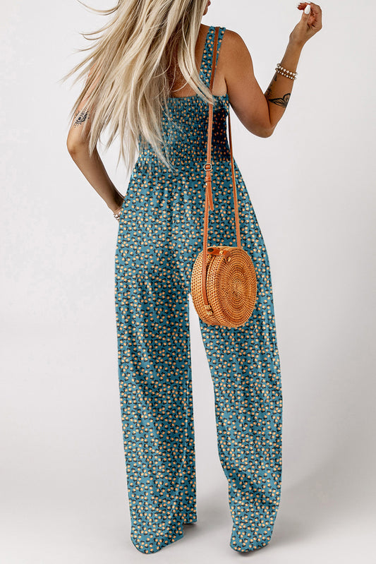Green Floral Print Smocked High Waist Square Neck Jumpsuit-Bella Boutique Collective