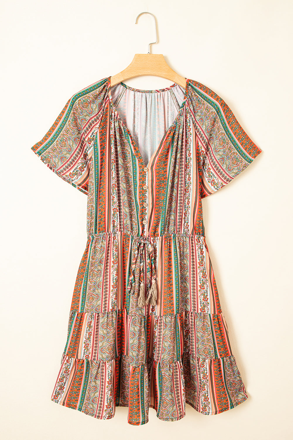 Red Bohemian Floral Print Buttoned V Neck Ruffle Tiered Dress-Bella Boutique Collective