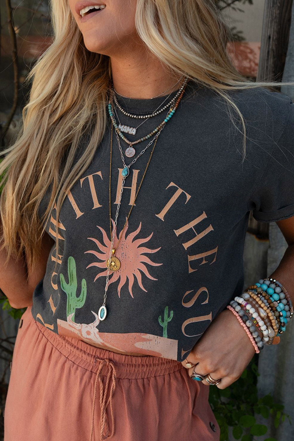Dark Grey RISE WITH THE SUN Western Fashion Graphic Tee-Bella Boutique Collective