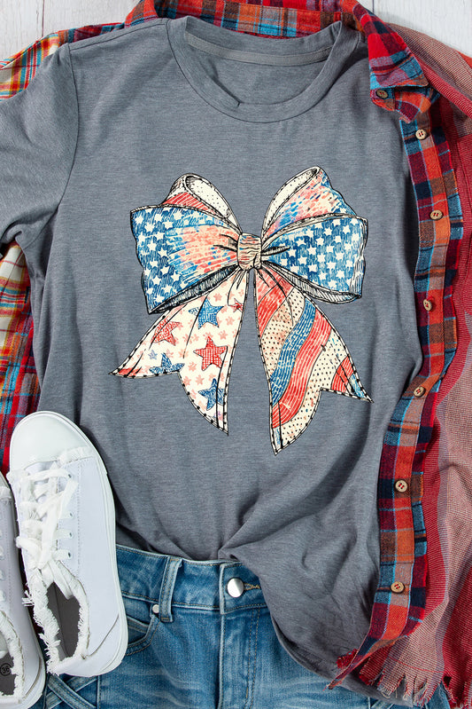 Gray US Flag Bow Print Round Neck Loose T Shirt-Bella Boutique Collective