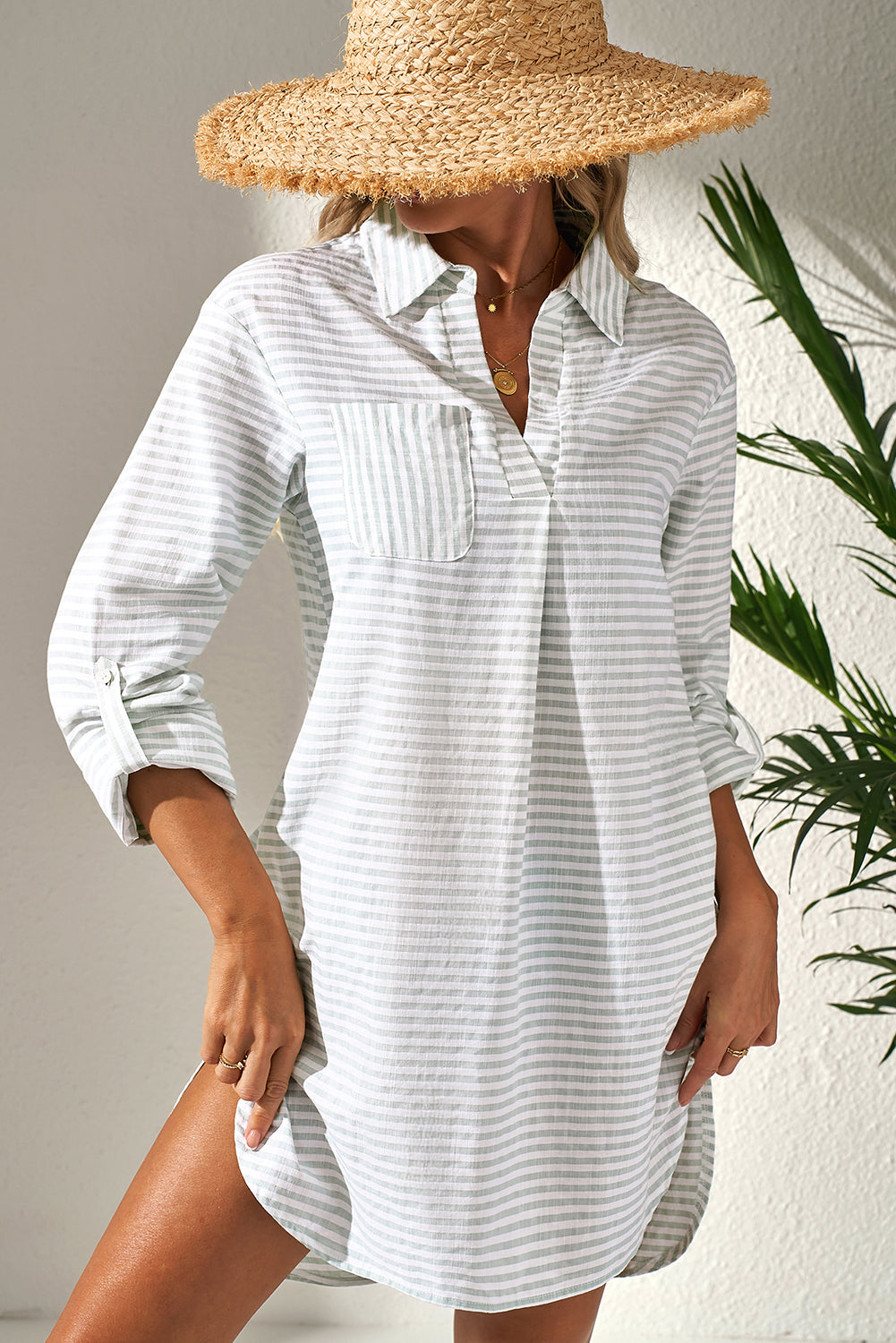 White Stripe Collared V Neck Chest Pocket Long Sleeve Beach Cover up-Bella Boutique Collective