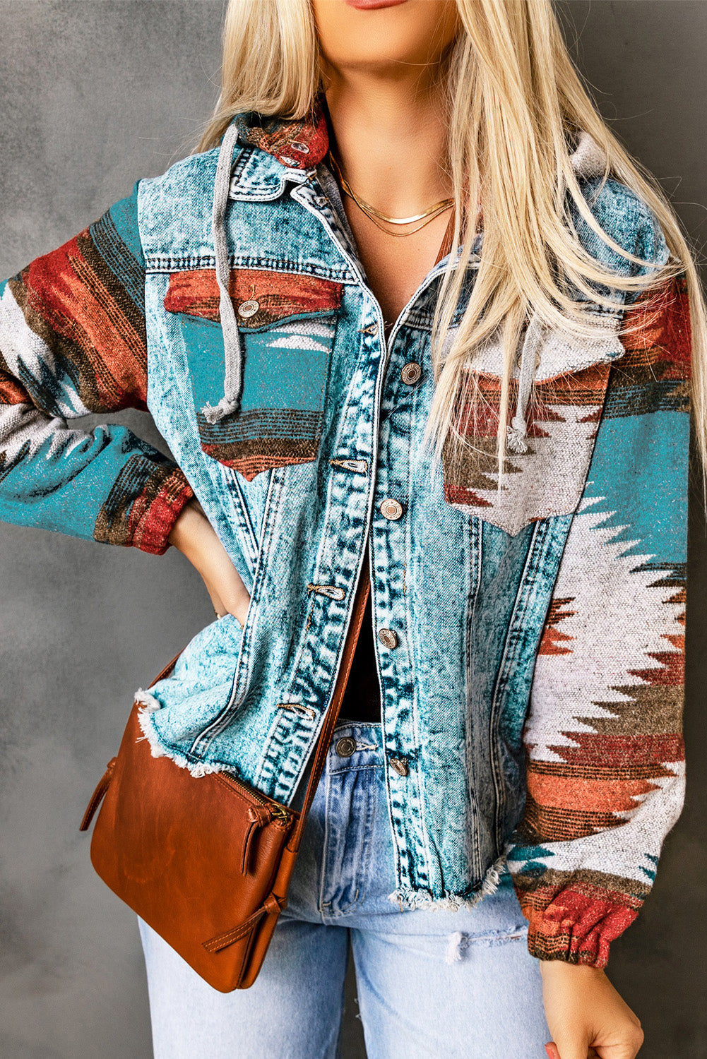 Multicolor Aztec Print Frayed Hem Denim Jacket-Bella Boutique Collective