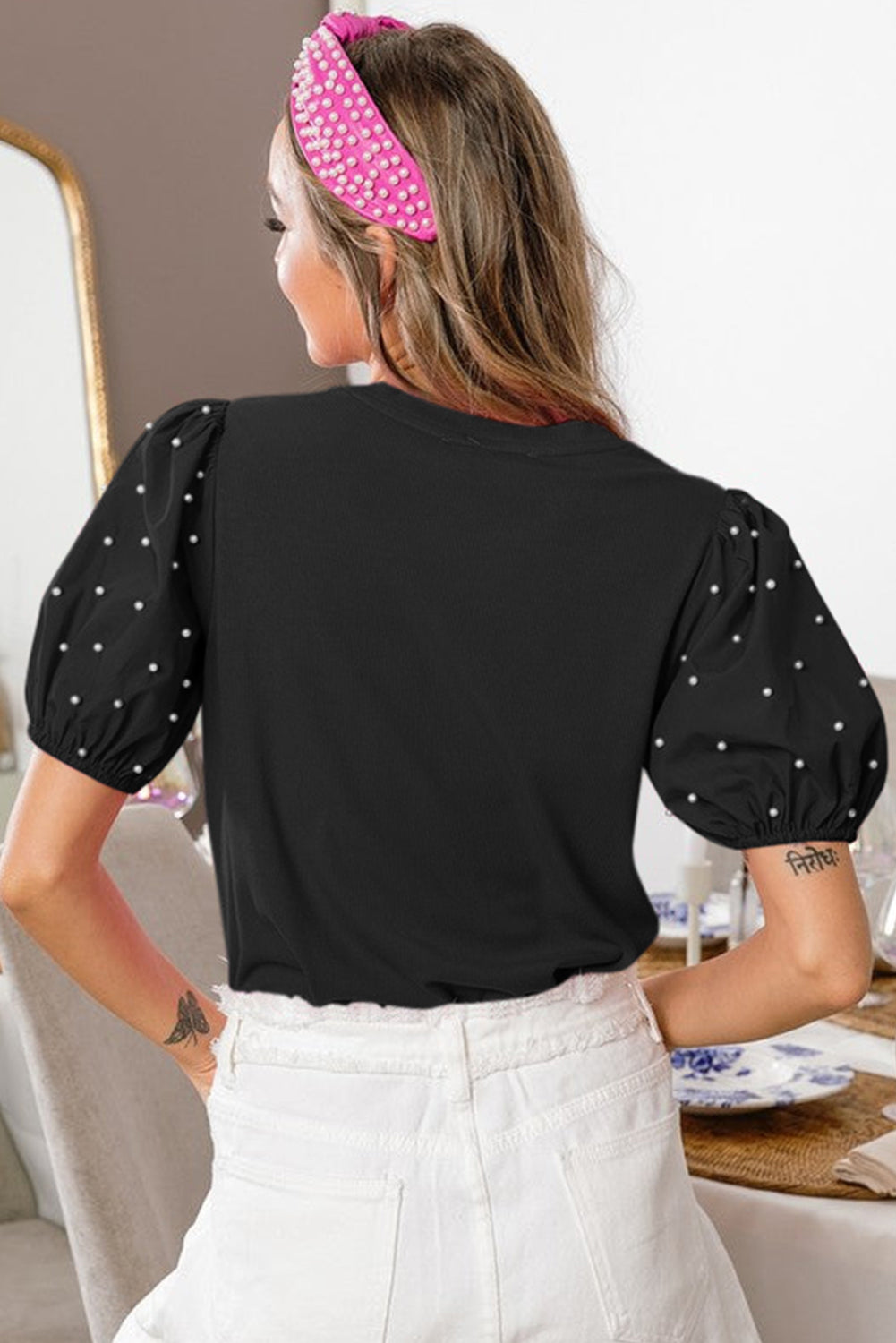 Black Ribbed Pearl Beaded Puff Sleeve Top-Bella Boutique Collective