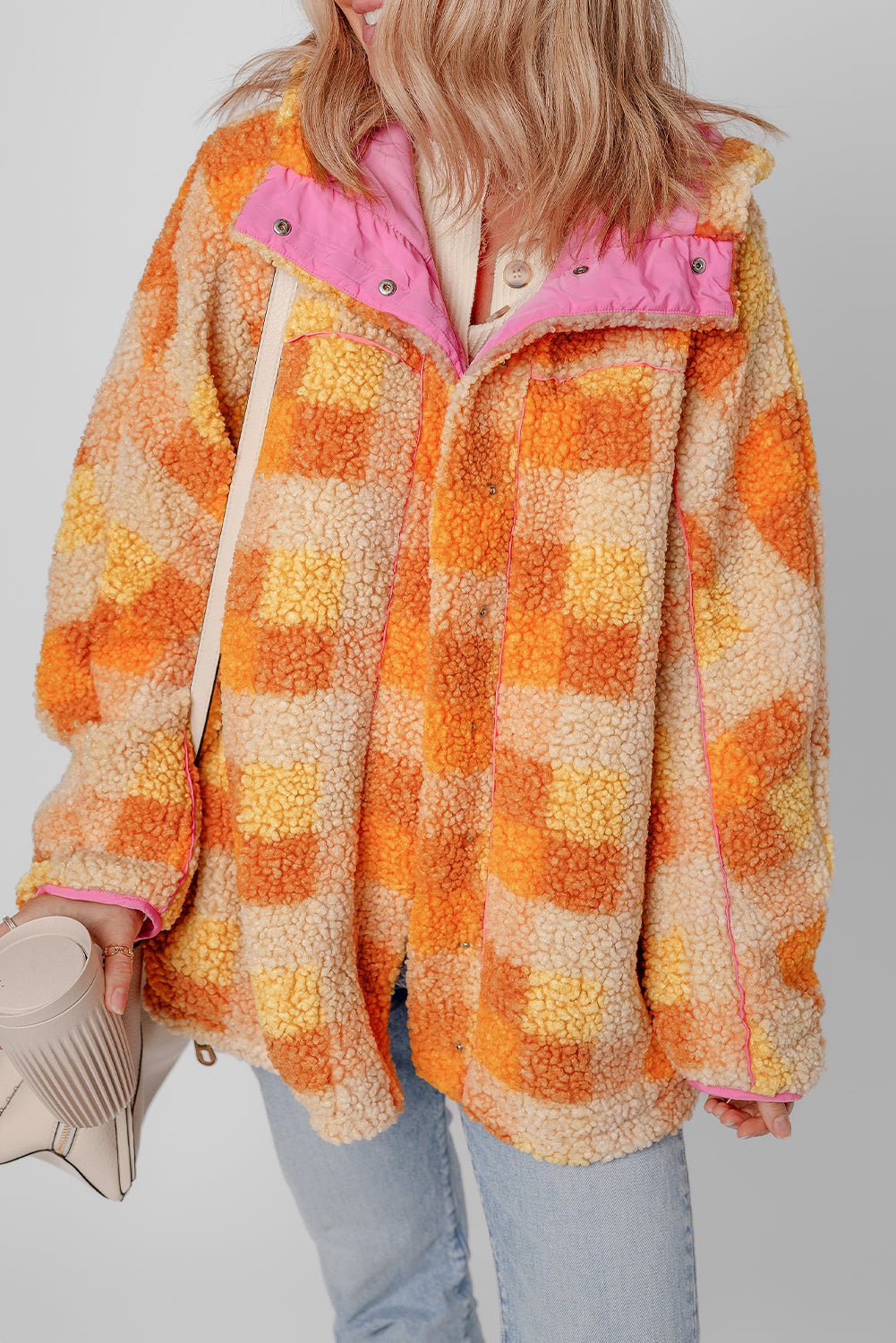 Orange Checkered Sherpa Hooded Jacket-Bella Boutique Collective