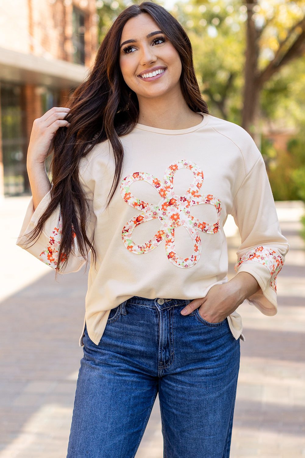 Beige Flower Patch Graphic Exposed Seam Wide Sleeve Top-Bella Boutique Collective