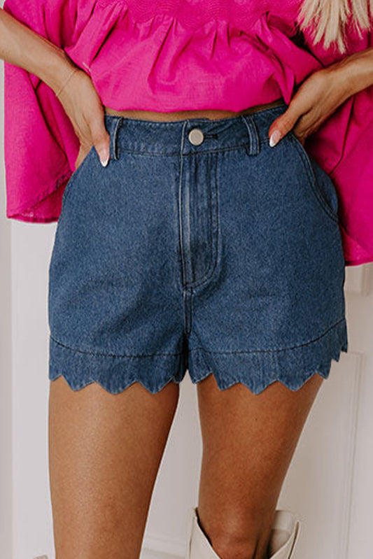 Sail Blue Scalloped Hemline Acid Wash High Waist Denim Shorts-Bella Boutique Collective