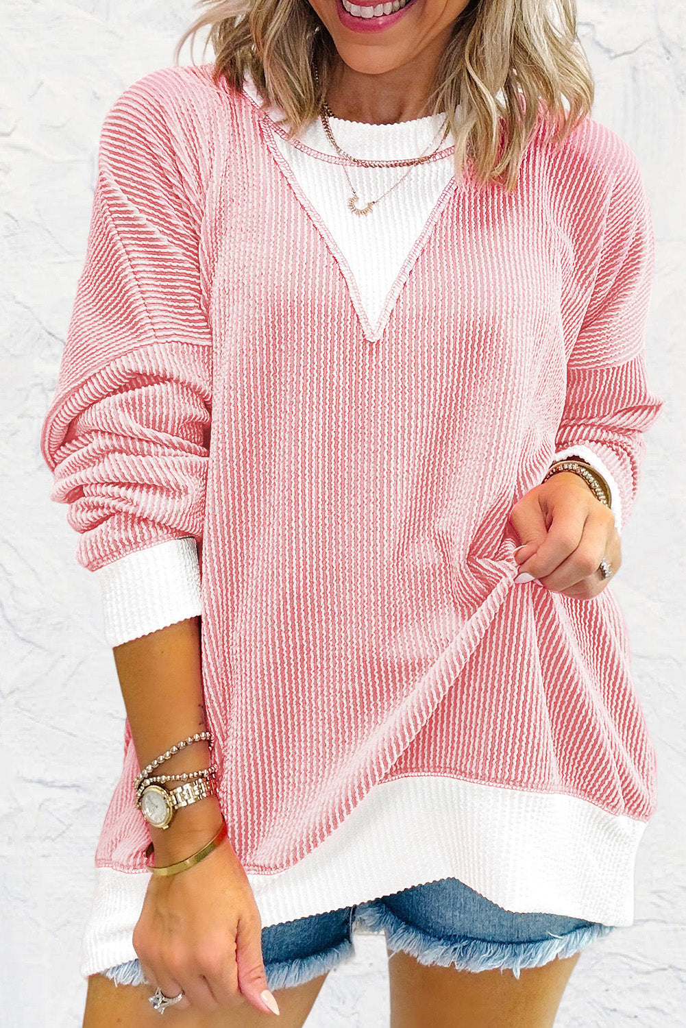 Peach Blossom Corded Colorblock Drop Shoulder Loose Top-Bella Boutique Collective