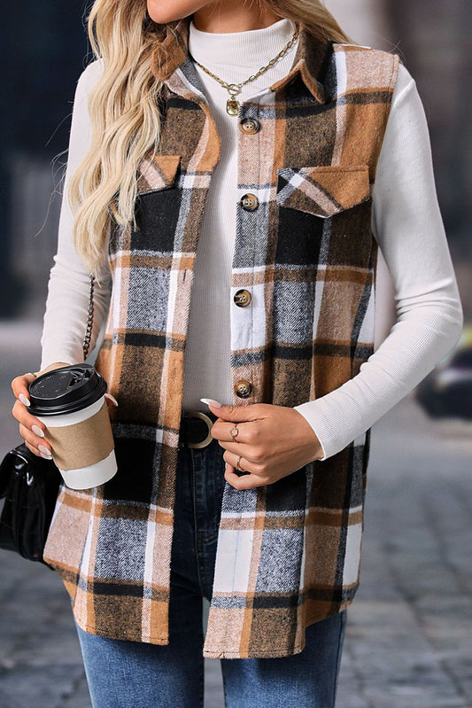 Straw Yellow Retro Plaid Button up Collared Vest-Bella Boutique Collective