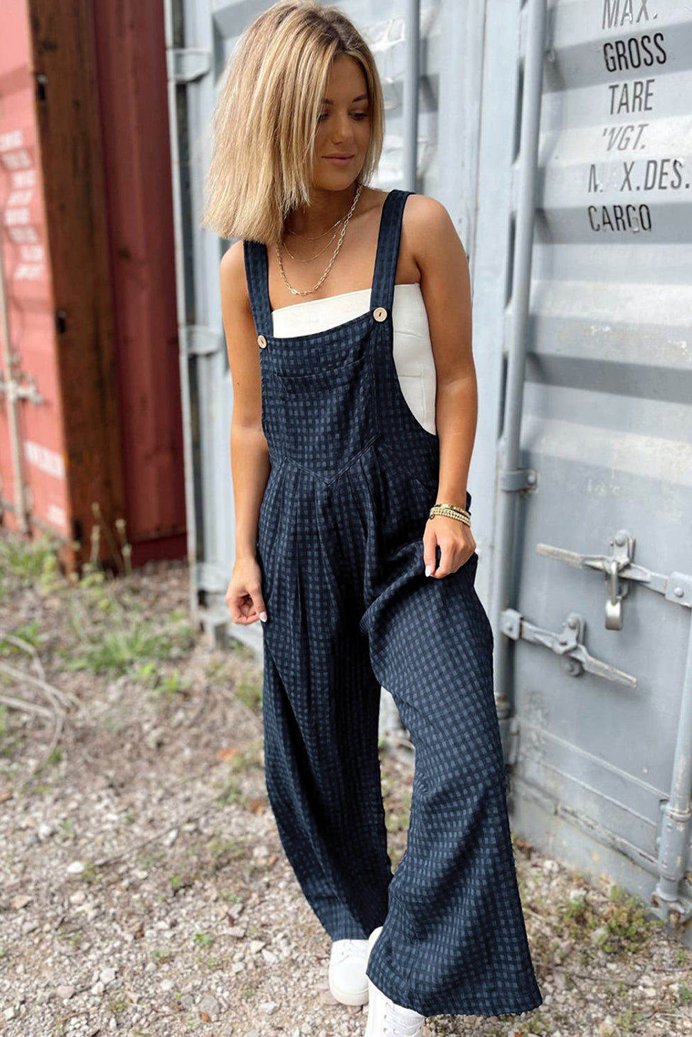Sail Blue Plaid Print Buttoned Pocketed High Waist Overall-Bella Boutique Collective