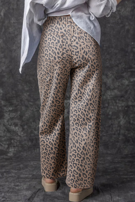 Khaki Leopard Printed Drawstring Waist Pocketed Wide Leg Jeans-Bella Boutique Collective