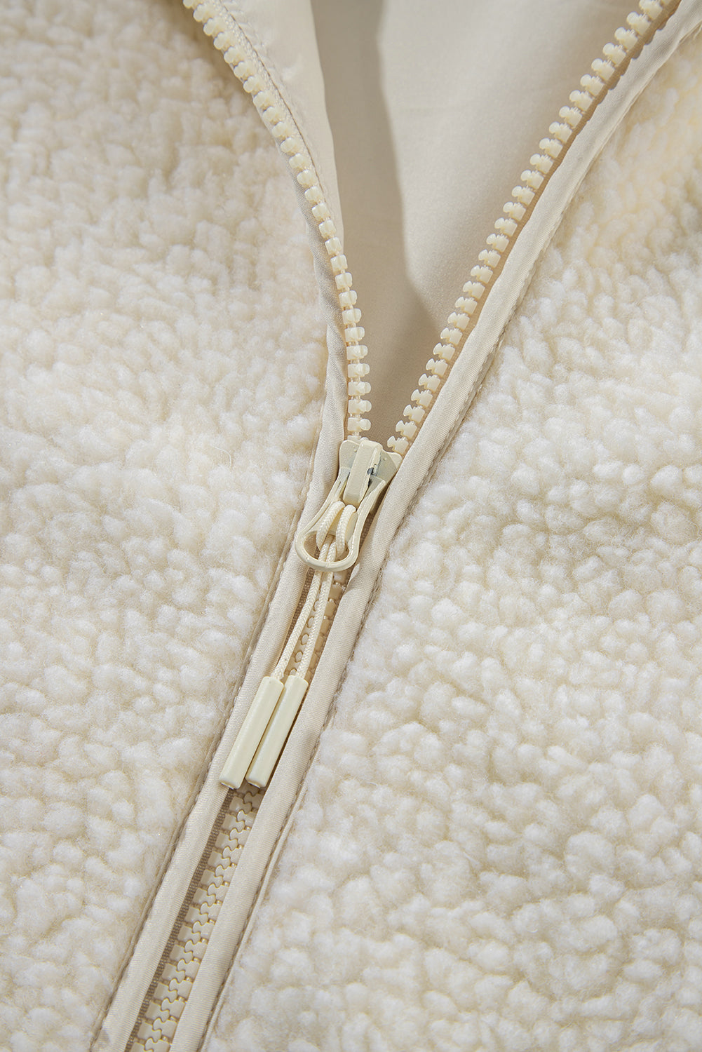 Beige Fleece Zip Up Drawstring Hooded Pocketed Jacket-Bella Boutique Collective