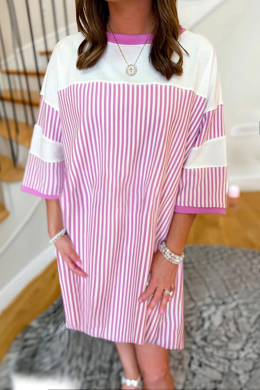 Phalaenopsis Striped Patchwork Three Quarters Sleeve Loose Mini Dress-Bella Boutique Collective