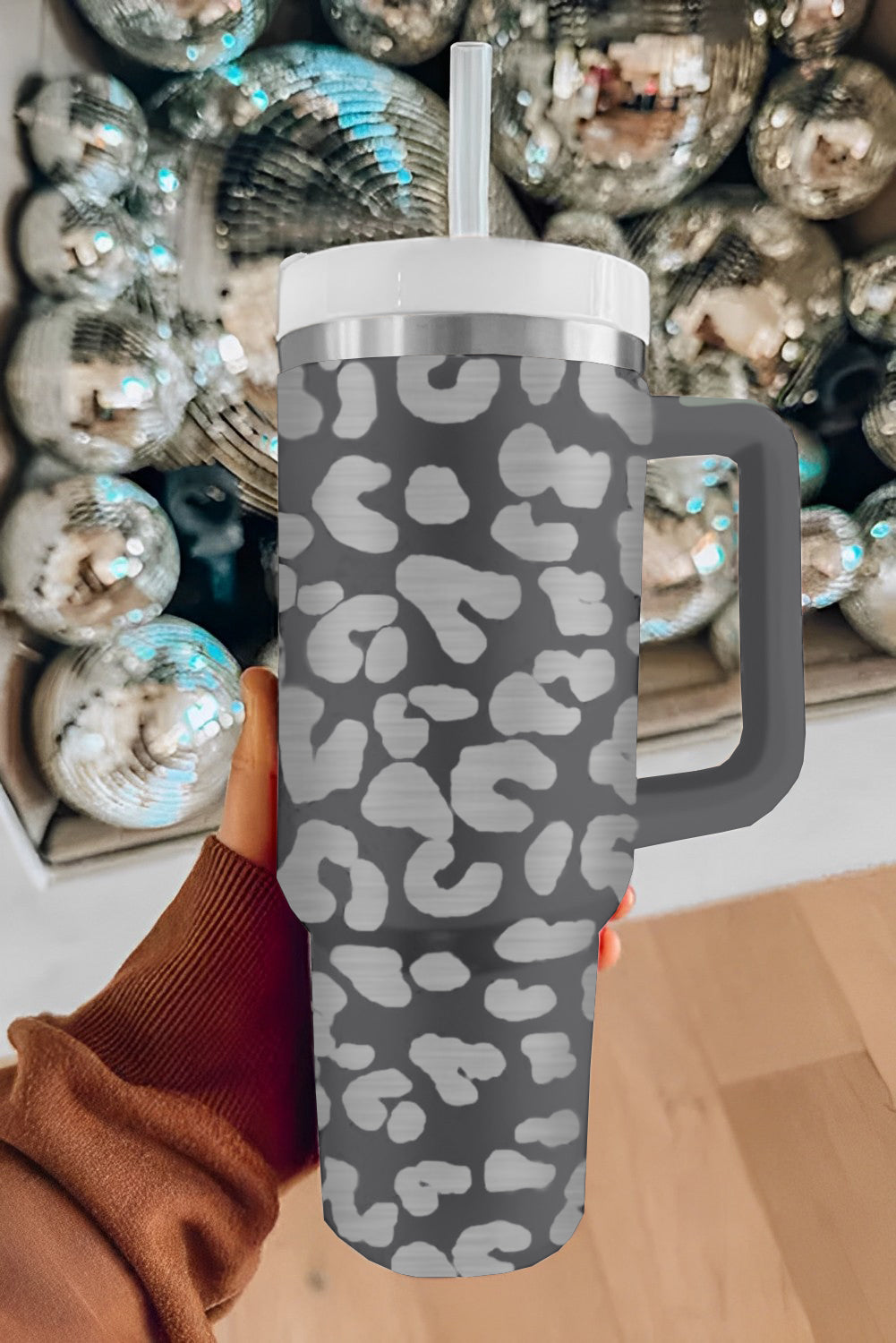 Gray Leopard Print 40OZ Stainless Steel Portable Cup with Handle-Bella Boutique Collective