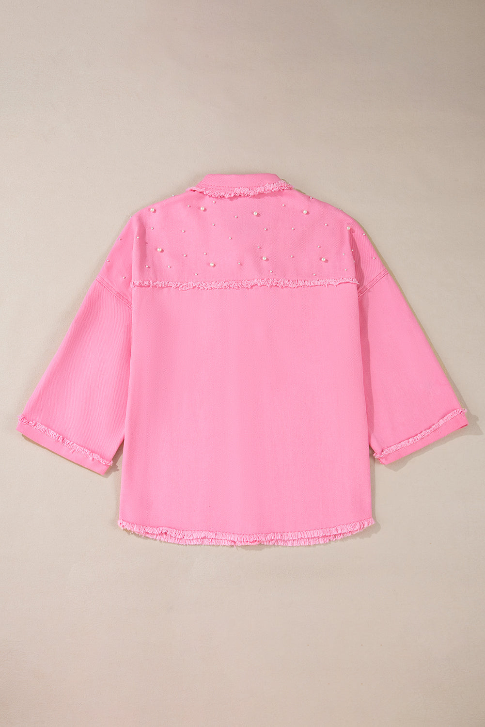 Bonbon Pearl Beaded Raw Hem Button Up Denim Jacket-Bella Boutique Collective