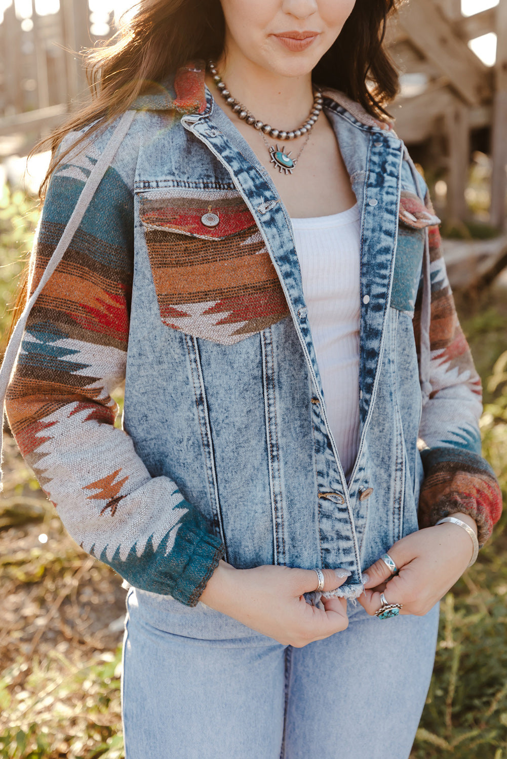 Multicolor Aztec Print Frayed Hem Denim Jacket-Bella Boutique Collective