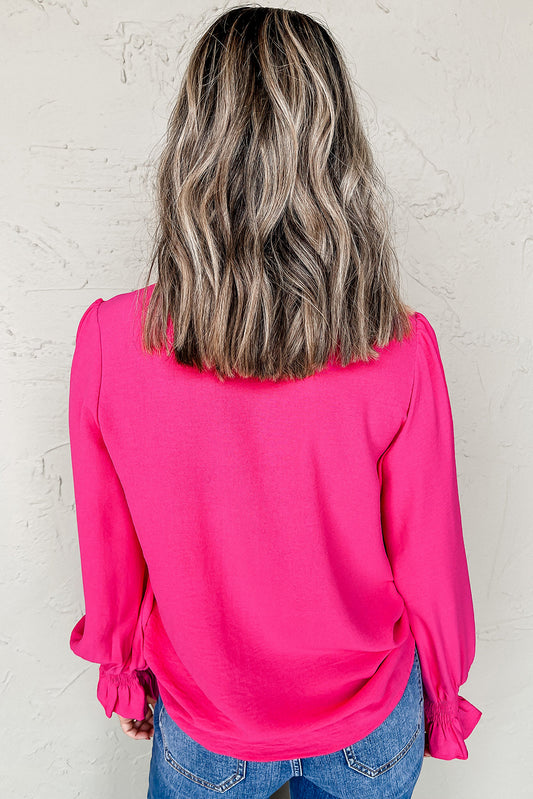 Rose Red Solid Color Shirred Cuff Notch V Neck Blouse-Bella Boutique Collective