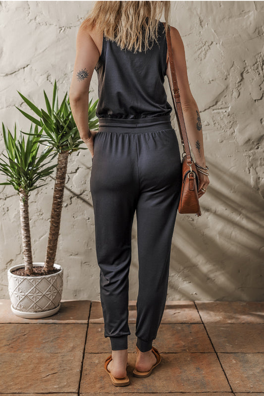 Black Casual Tank Style Tie Waist Pocketed Jogger Jumpsuit-Bella Boutique Collective