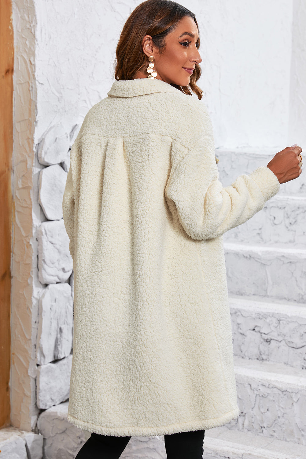 Beige Contrast Flap Pocket Single Breasted Teddy Coat-Bella Boutique Collective