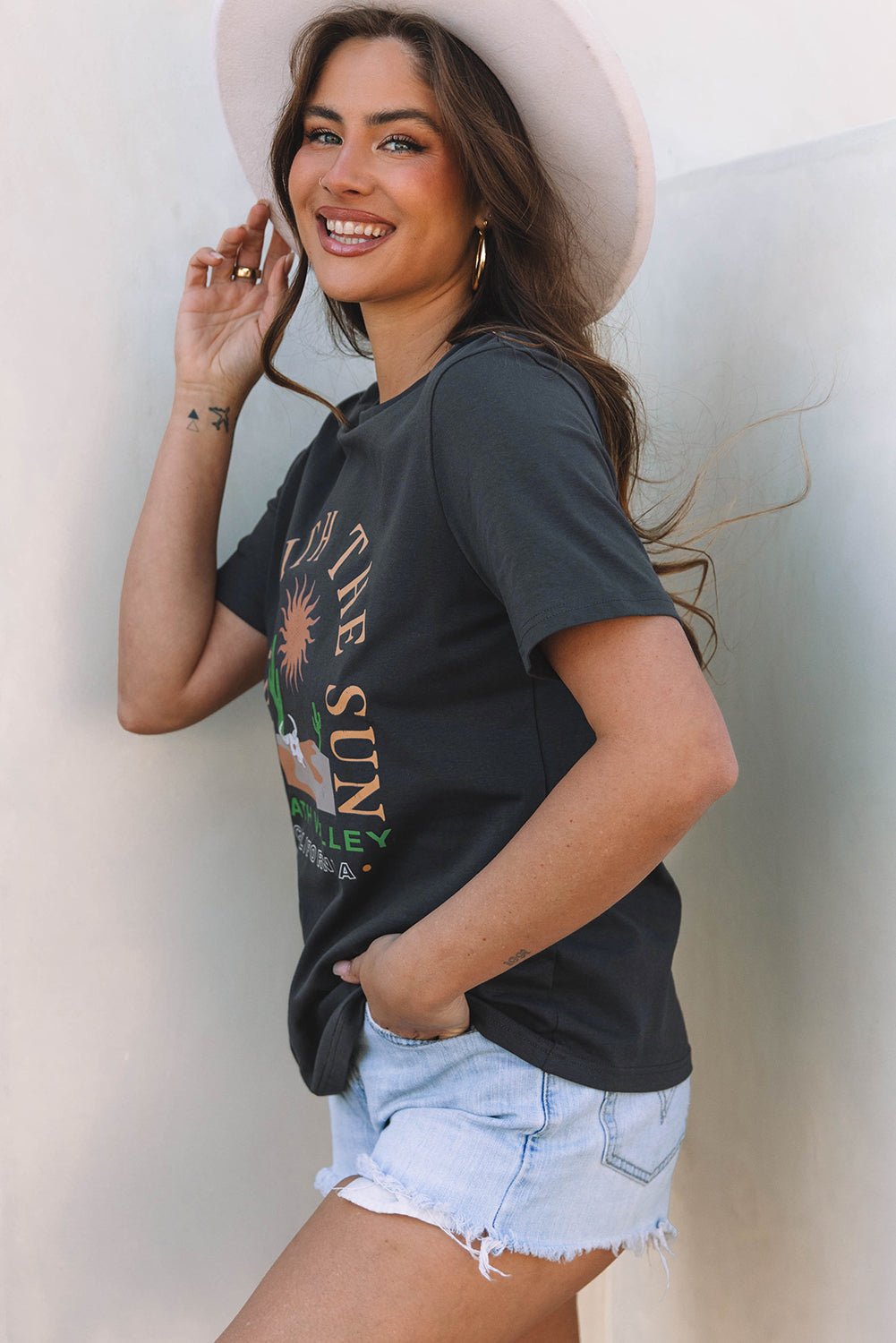 Dark Grey RISE WITH THE SUN Western Fashion Graphic Tee-Bella Boutique Collective