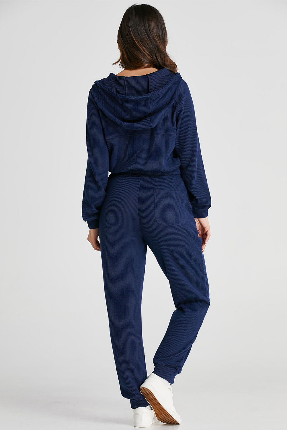 Navy Blue Ribbed Knit Cropped Hoodie and Drawstring Joggers Set-Bella Boutique Collective