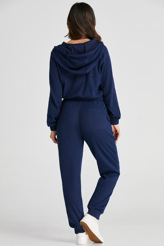 Navy Blue Ribbed Knit Cropped Hoodie and Drawstring Joggers Set-Bella Boutique Collective