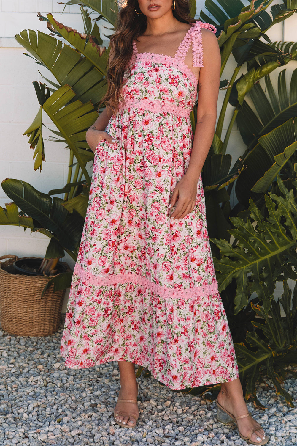 Pink Floral Lace Tied Strap Empire Waist Maxi Dress-Bella Boutique Collective