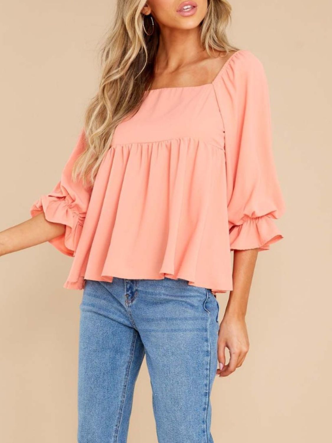 Smocked Square Neck Flounce Sleeve Blouse-Bella Boutique Collective