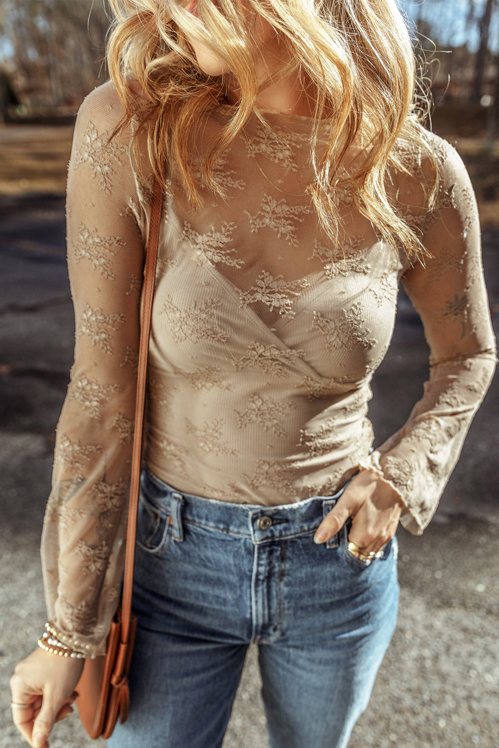 Apricot Lace Mesh Crochet Splicing Slim Fit Long Sleeve Blouse-Bella Boutique Collective