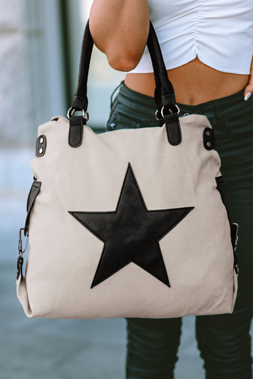 Beige Casual Five-pointed Star Canvas Tote Bag-Bella Boutique Collective