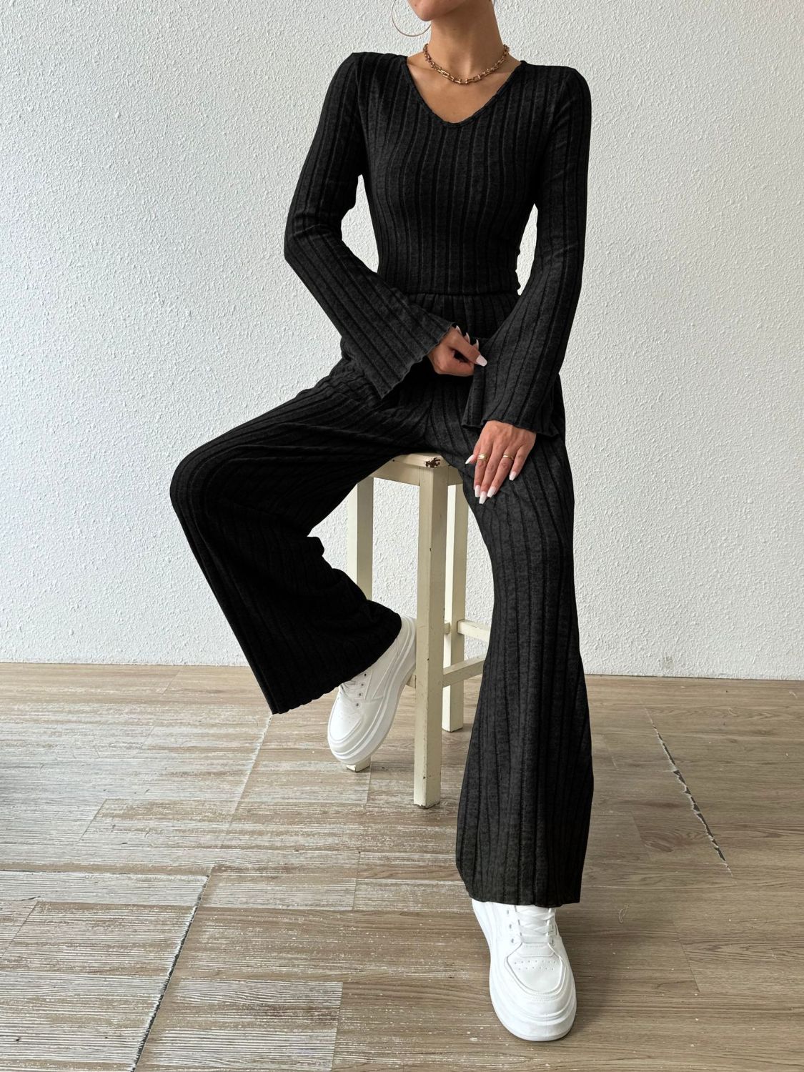 Ribbed V-Neck Long Sleeve Top and Pocketed Pants Set-Bella Boutique Collective