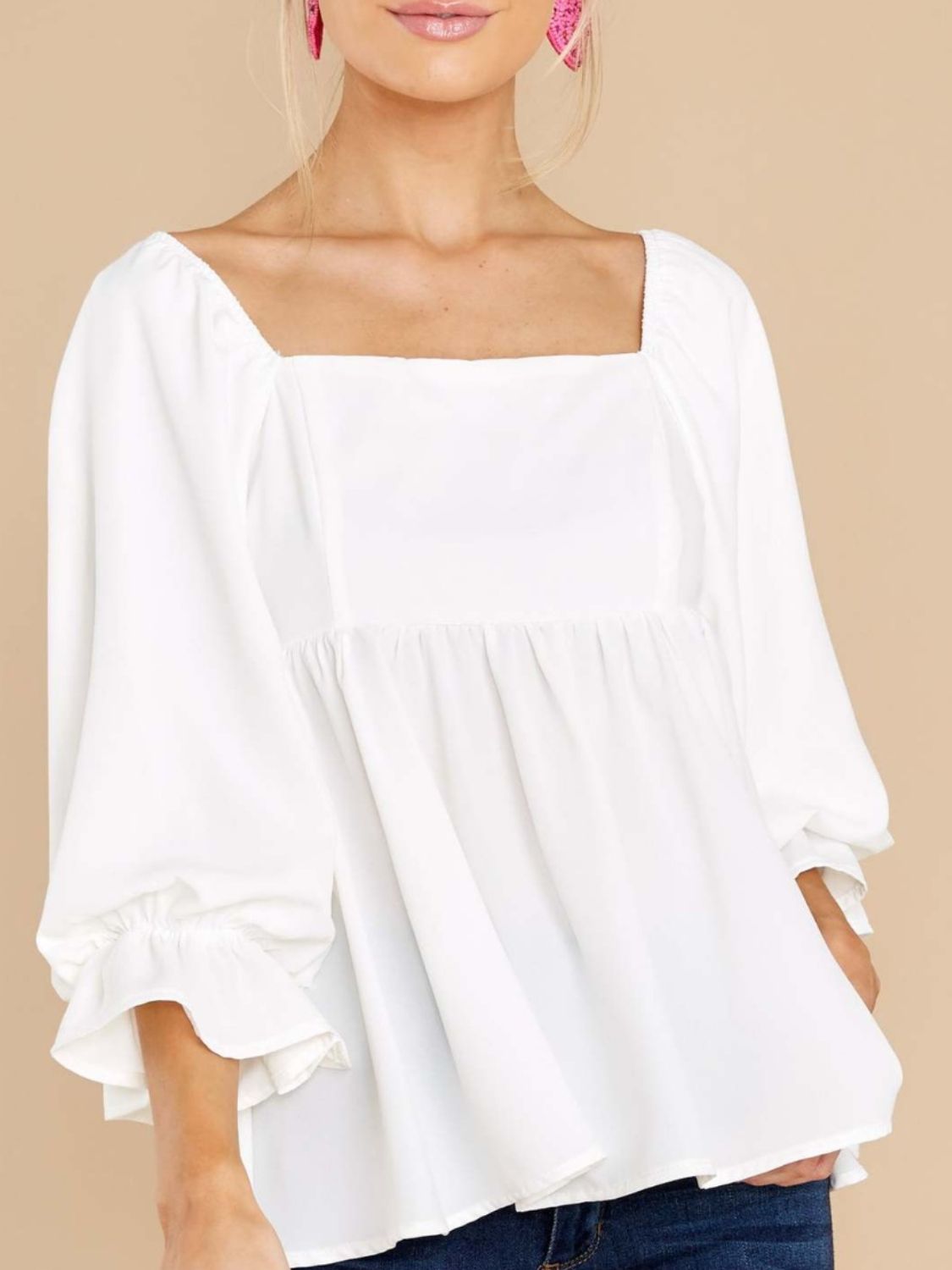 Smocked Square Neck Flounce Sleeve Blouse-Bella Boutique Collective