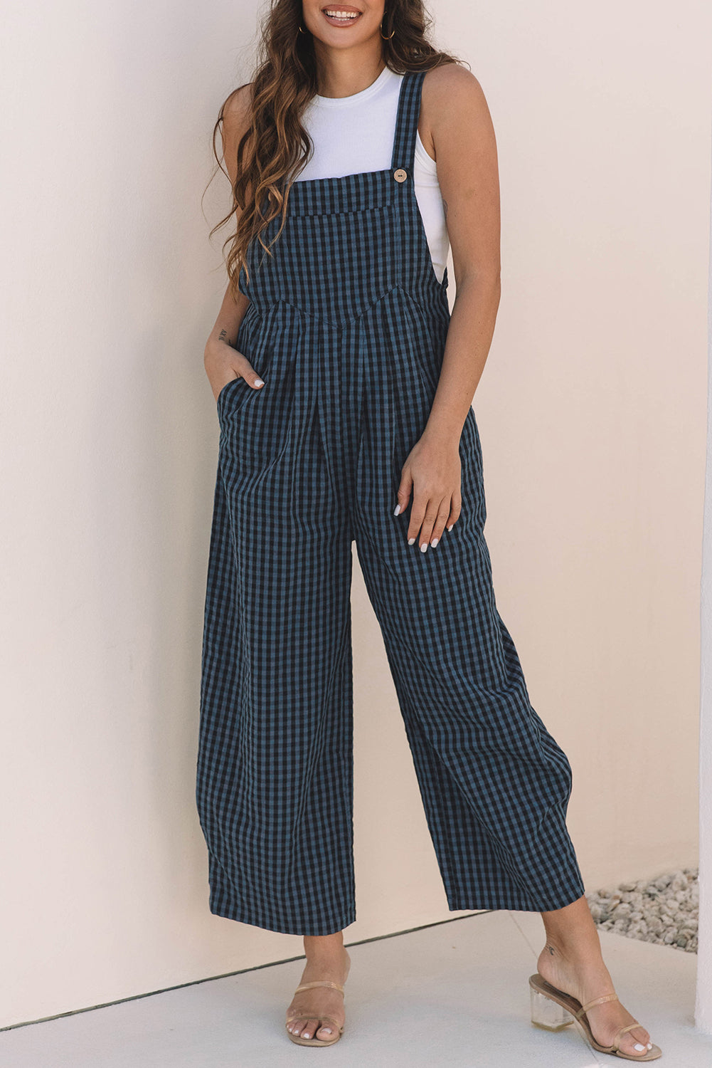 Sail Blue Plaid Print Buttoned Pocketed High Waist Overall-Bella Boutique Collective