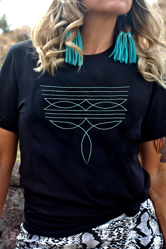 Black Western Fashion Geometric Embroidered T Shirt-Bella Boutique Collective