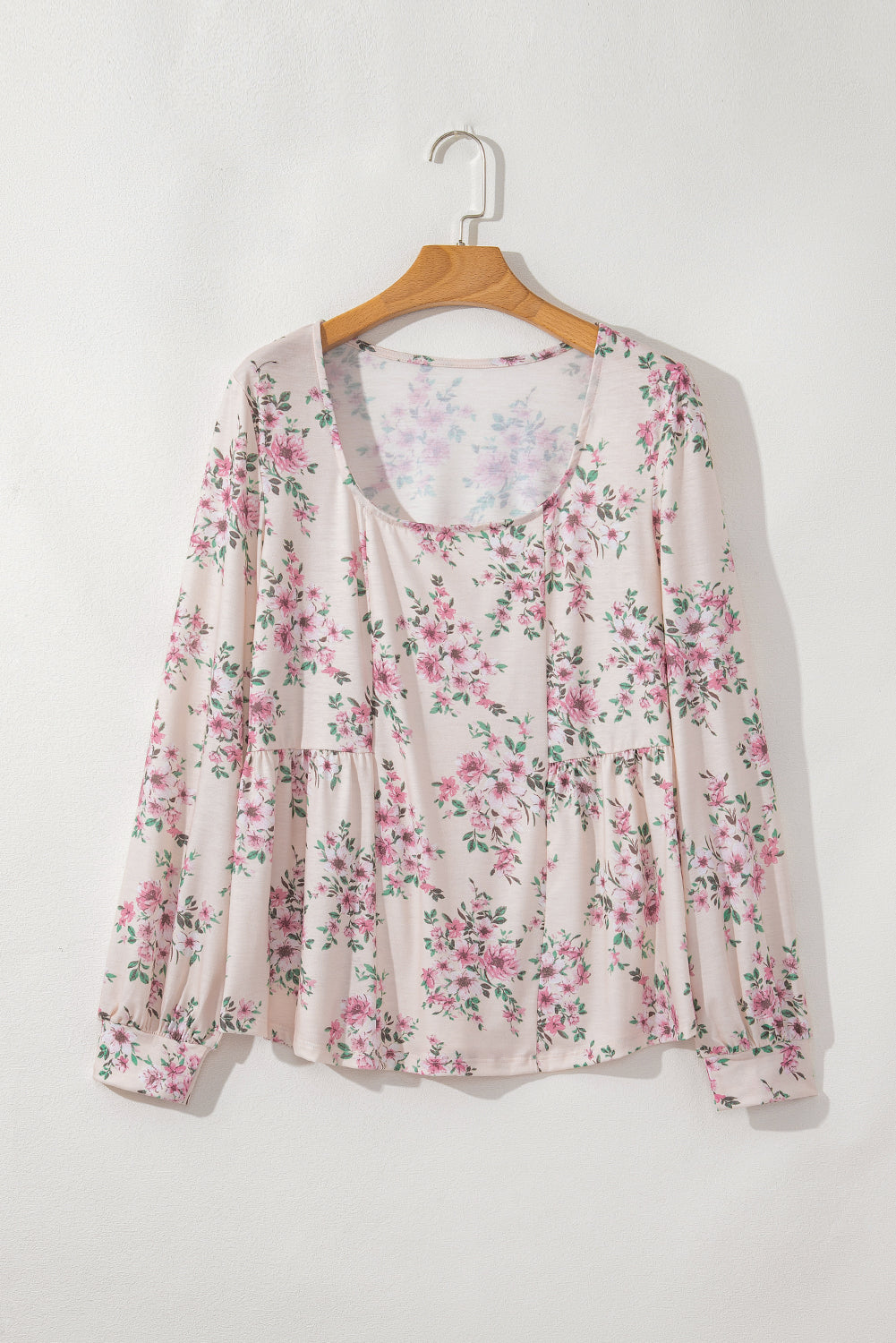 Pink Floral Print Pleated U Neck Loose Fit Blouse-Bella Boutique Collective