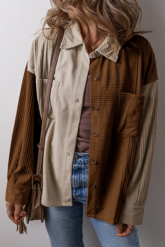 Brown Color Block Chest Pockets Buttoned Corduroy Shacket-Bella Boutique Collective