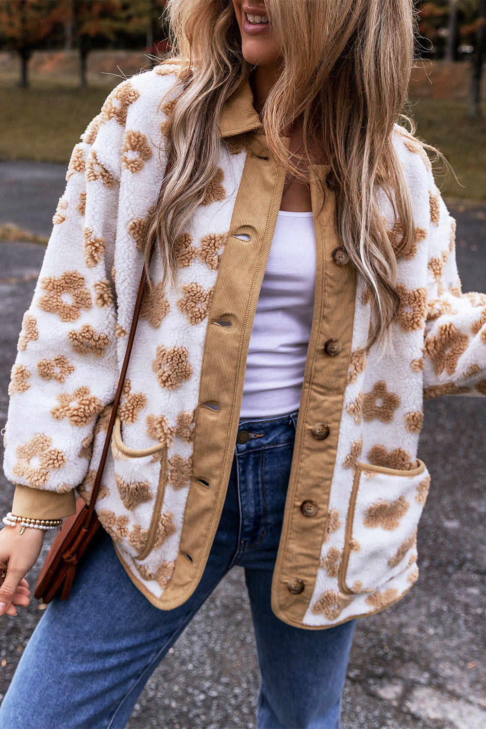 Light French Beige Cute Flower Pattern Button Up Fleece Jacket-Bella Boutique Collective