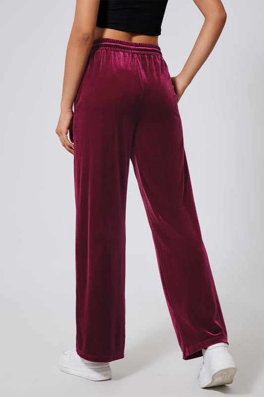 Burgundy Solid Drawstring Waist Wide Leg Pants-Bella Boutique Collective