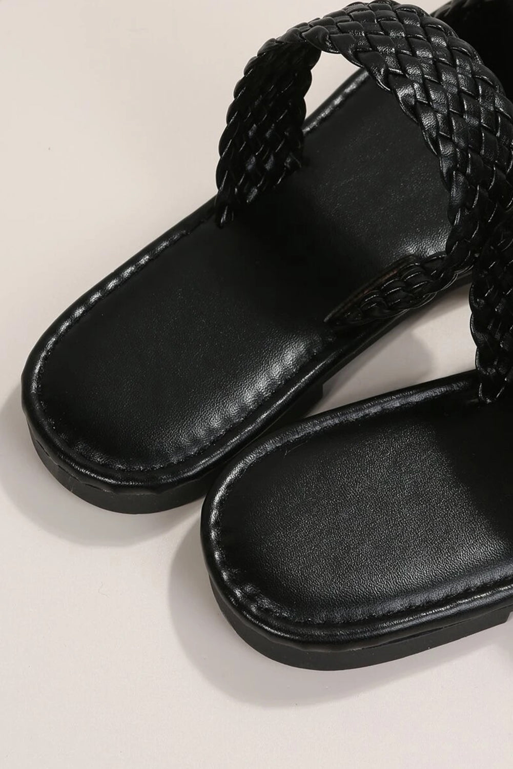 Black Braided Double Band Leathered Flat Slippers-Bella Boutique Collective