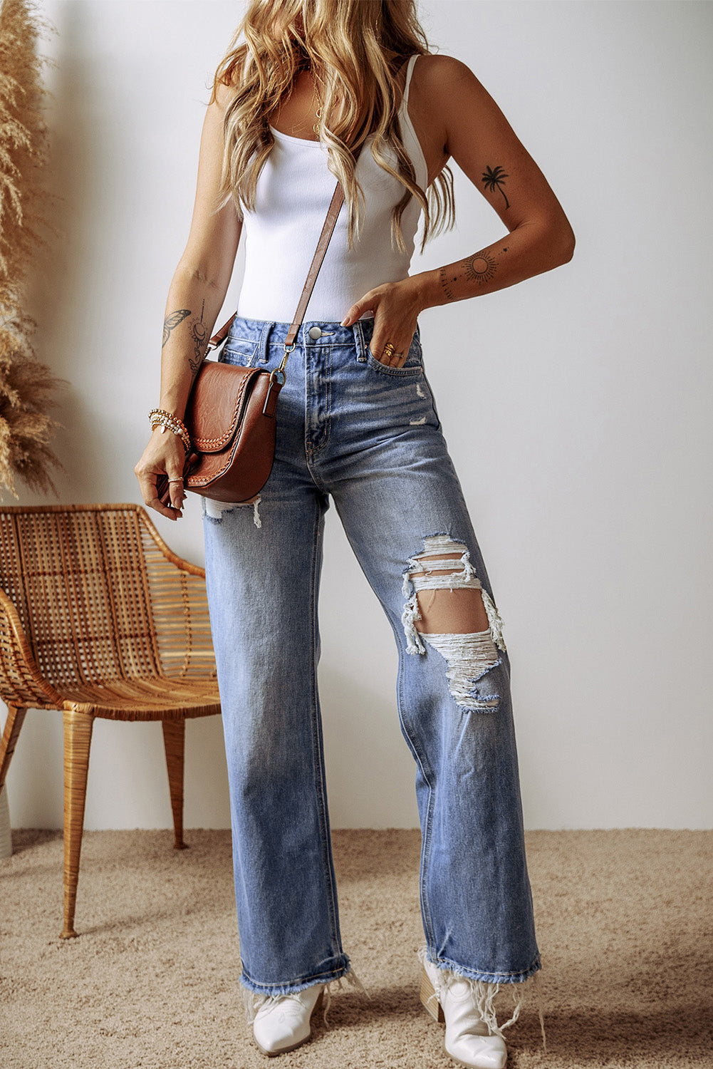 Ashleigh Blue Distressed Raw Hem Straight Leg High Waist Jeans-Bella Boutique Collective