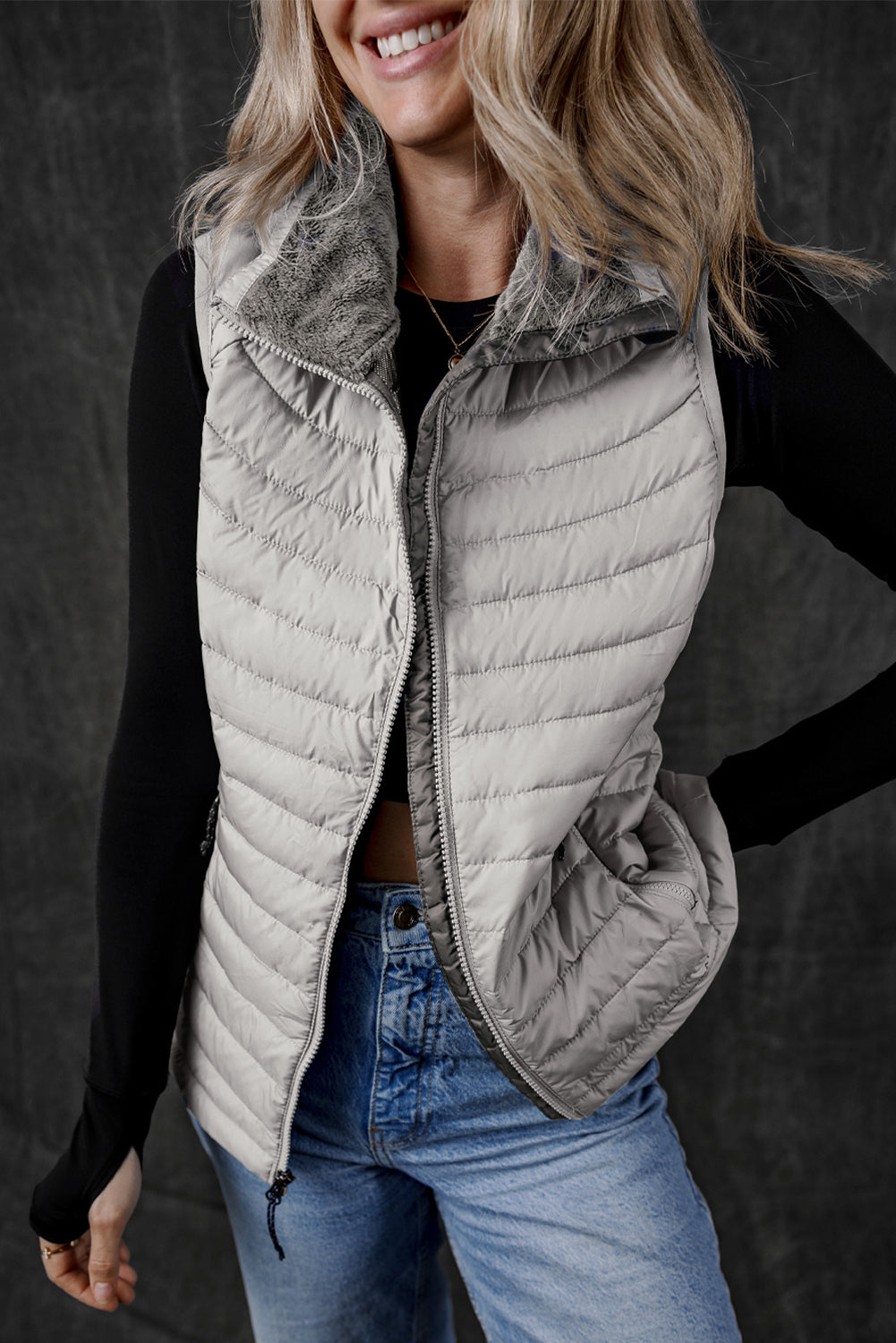 Silvery Plush Collared Quilted Zipped Puffer Vest-Bella Boutique Collective