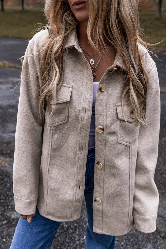 Light Grey Turn Down Collar Flap Pockets Buttoned Shacket-Bella Boutique Collective