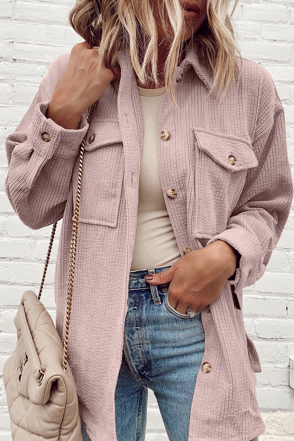 Light Pink Corduroy Flap Pocket Button Up Shacket-Bella Boutique Collective