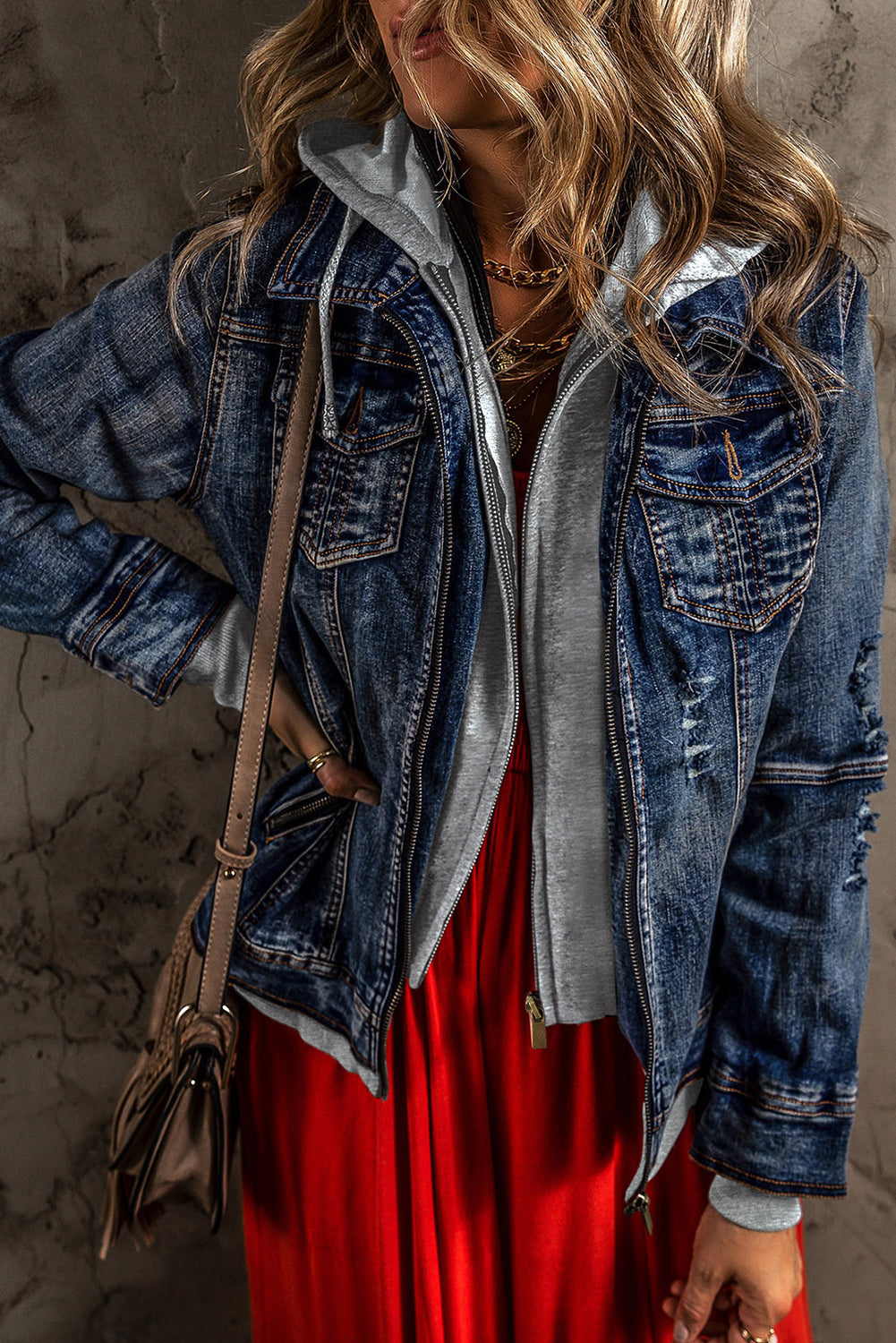 Dark Blue Fake Two-Piece Hooded Zip-Up Denim Jacket-Bella Boutique Collective